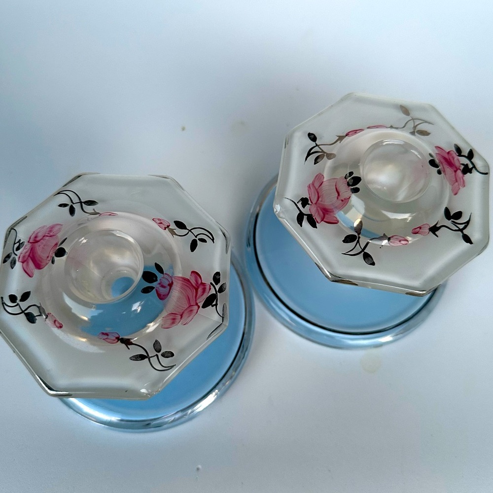 2 Indiana Glass Vintage Moderne Classic Candle Holders Blue & White Hand Painted